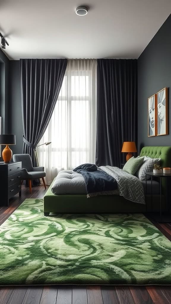 A stylish black and green bedroom featuring a green area rug.