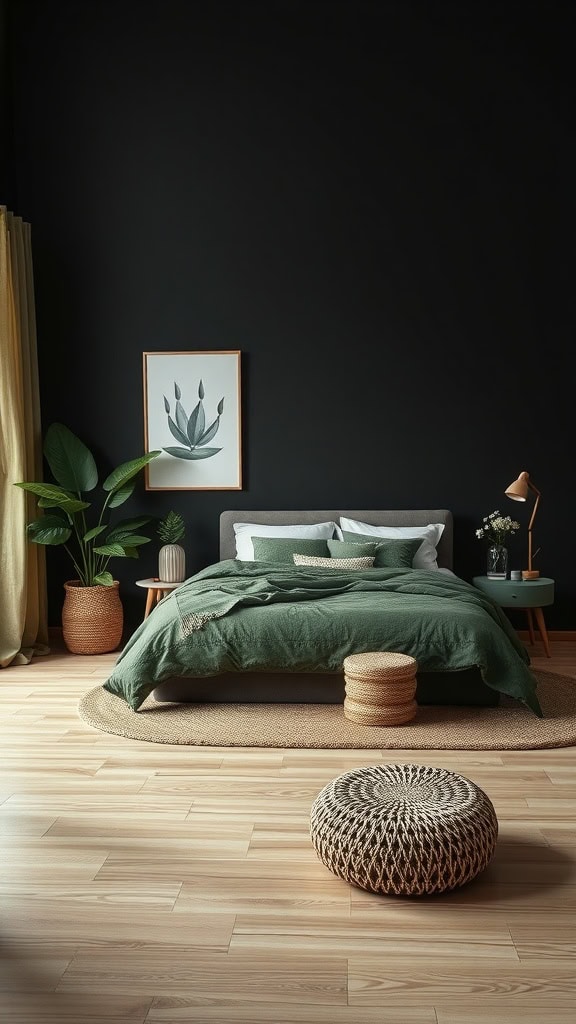 A modern bedroom with black walls, green bedding, and natural elements.