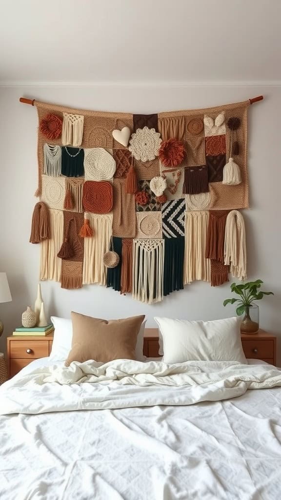 A vibrant textile wall art installation featuring various textures and colors hanging above a cozy bed.