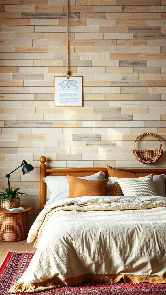 A modern boho bedroom featuring a textured wood wall, warm bedding, and cozy decor.