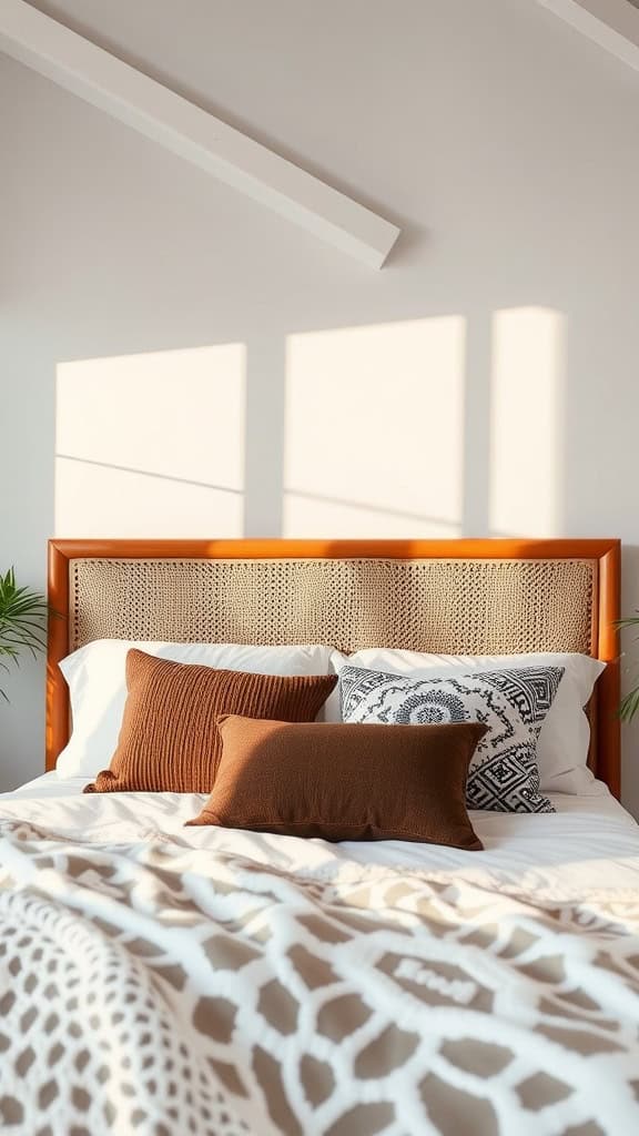 A cozy boho-style bedroom with a unique woven headboard and decorative pillows.