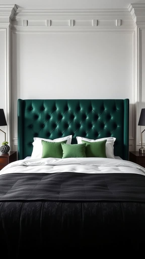 A luxurious green tufted headboard with black and white bedding in an elegant bedroom setting.