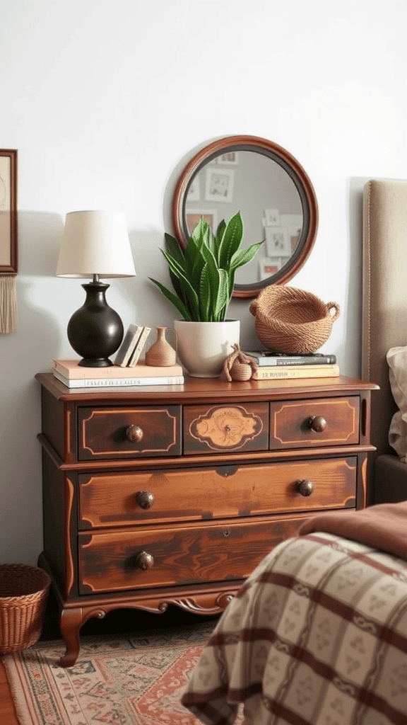 A cozy vintage bedroom with a wooden dresser, decorative items, and a warm color palette.