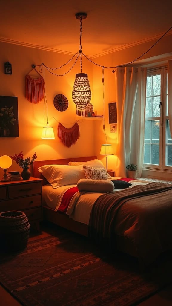 A cozy bedroom with warm lighting, featuring a woven pendant lamp and soft bedside lamps.