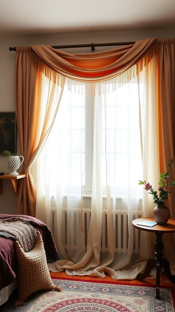 A beautifully styled window with flowing curtains and warm tones in a boho bedroom.