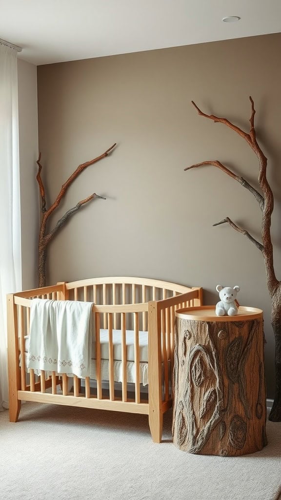 A nursery featuring a wooden crib and a tree trunk-inspired side table, with brown walls and whimsical tree branch decorations.