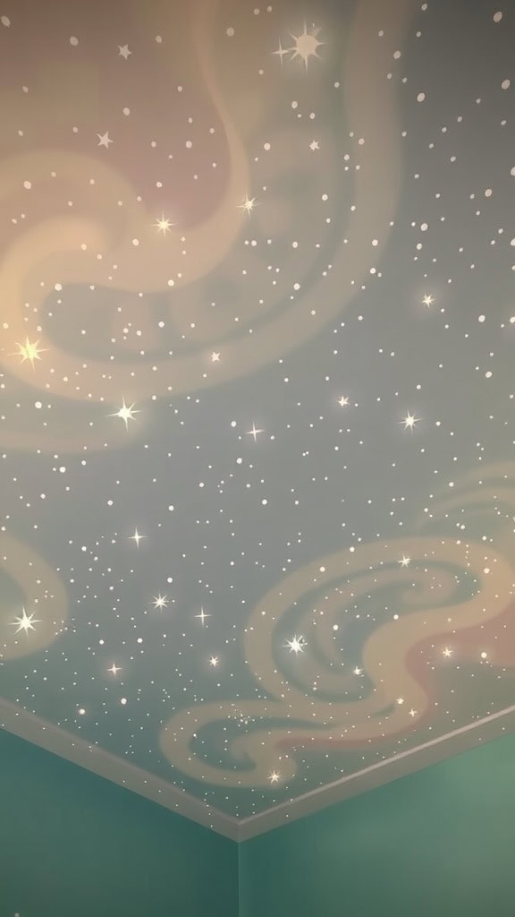 Ceiling painted with a dreamy starry sky design featuring soft colors and sparkling stars.