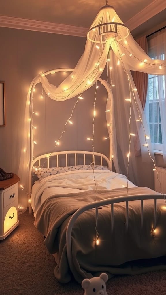 A cozy nursery featuring a bed with a fairy light canopy, soft bedding, and a teddy bear on the floor.