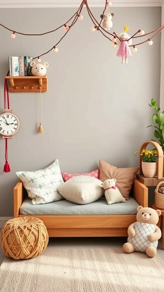 A cozy reading nook with a wooden couch, colorful pillows, plush toys, and whimsical decorations.