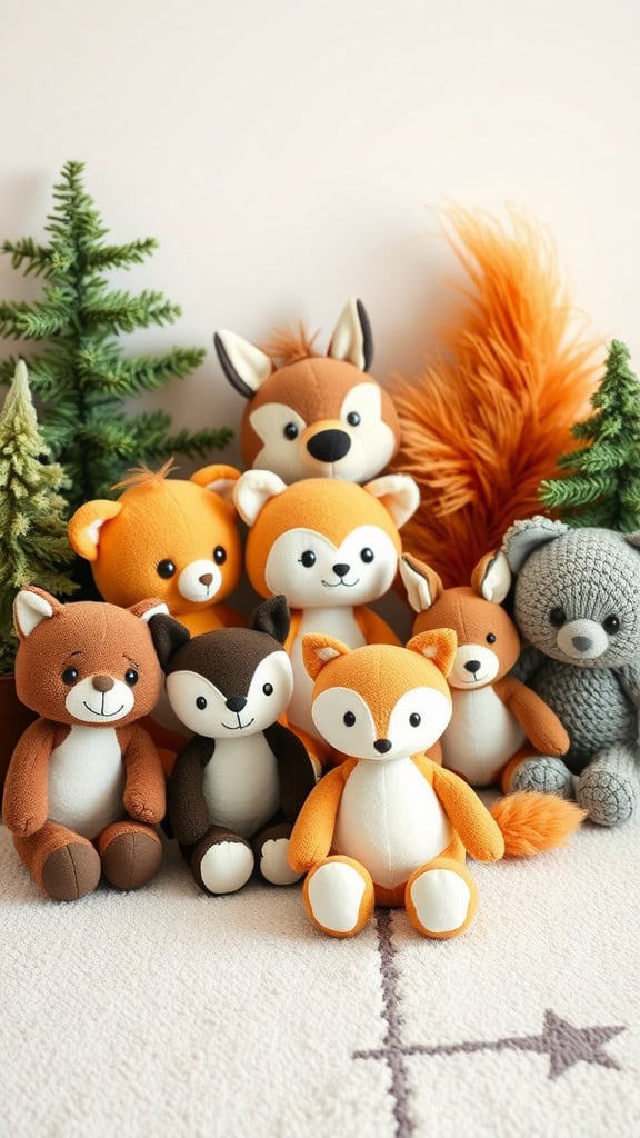 A collection of various forest animal plush toys arranged among small pine trees.