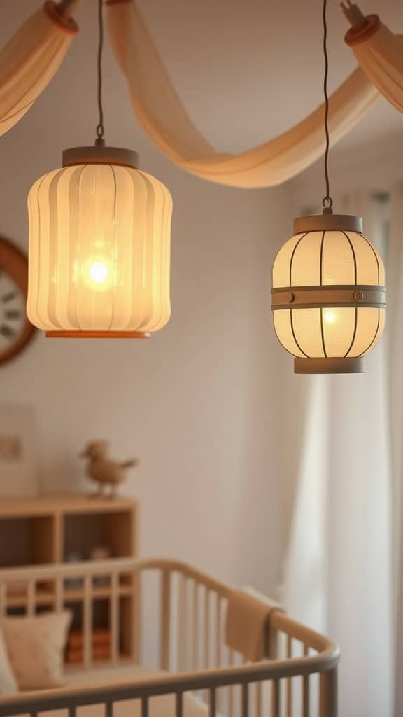 Two hanging lanterns in a nursery, one round and one tall, providing soft light.