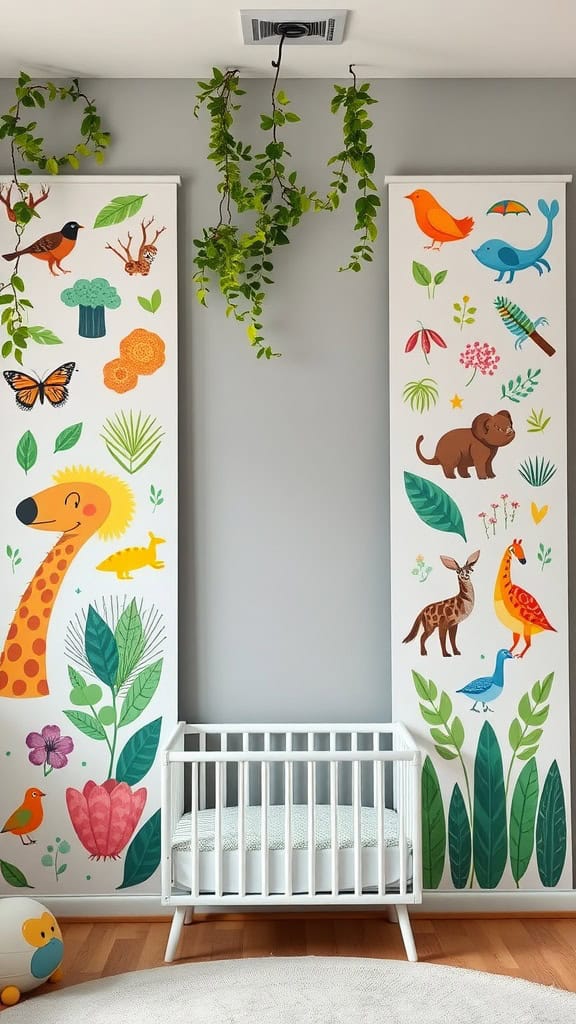 Two interactive nature banners featuring colorful animals and plants, with a white crib in between.