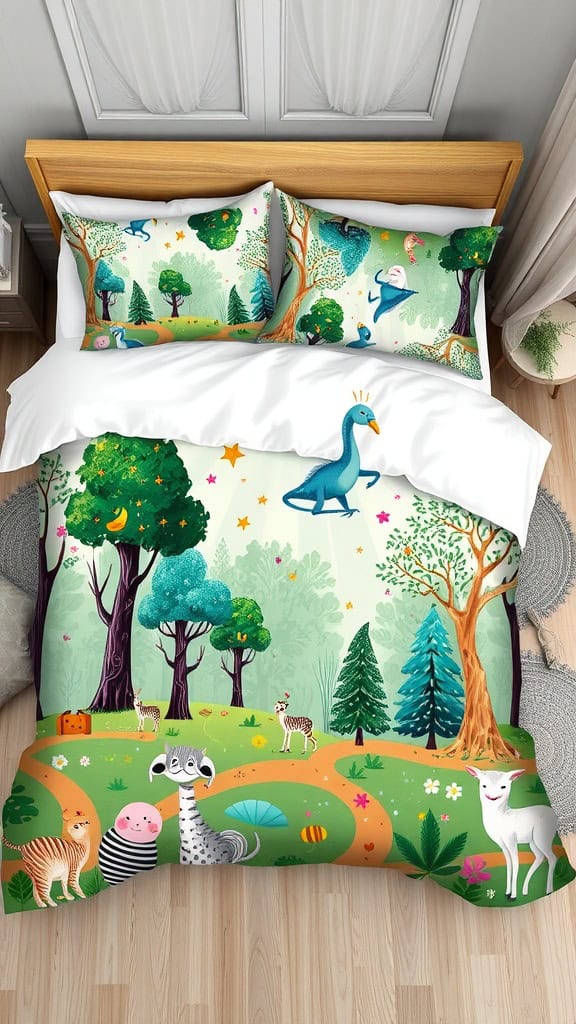 Colorful bedding set featuring animals and forest scenery