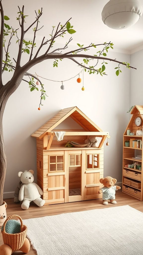 A cozy treehouse play area with a wooden house, stuffed animals, and playful decorations.