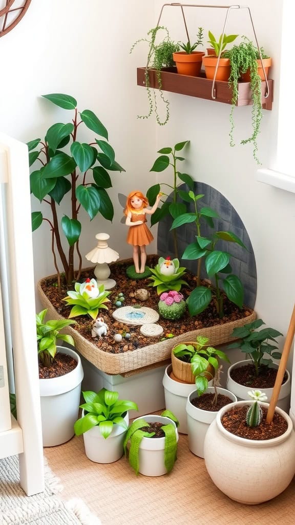 A colorful miniature garden corner featuring various potted plants and whimsical figurines.