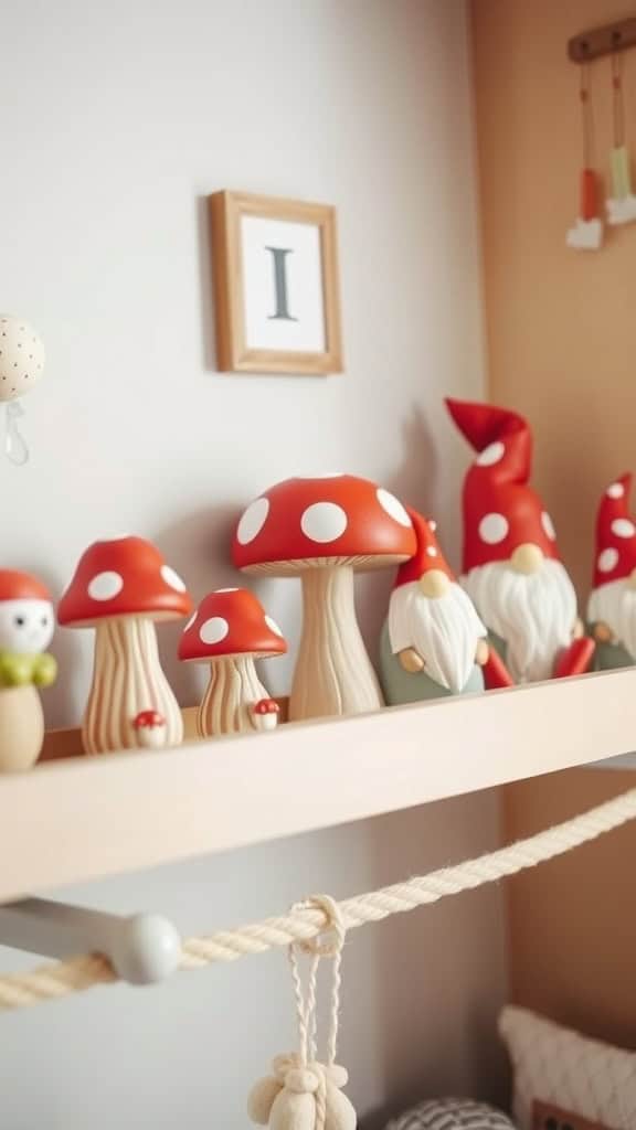 Colorful mushroom and gnome decorations on a shelf in a nursery.