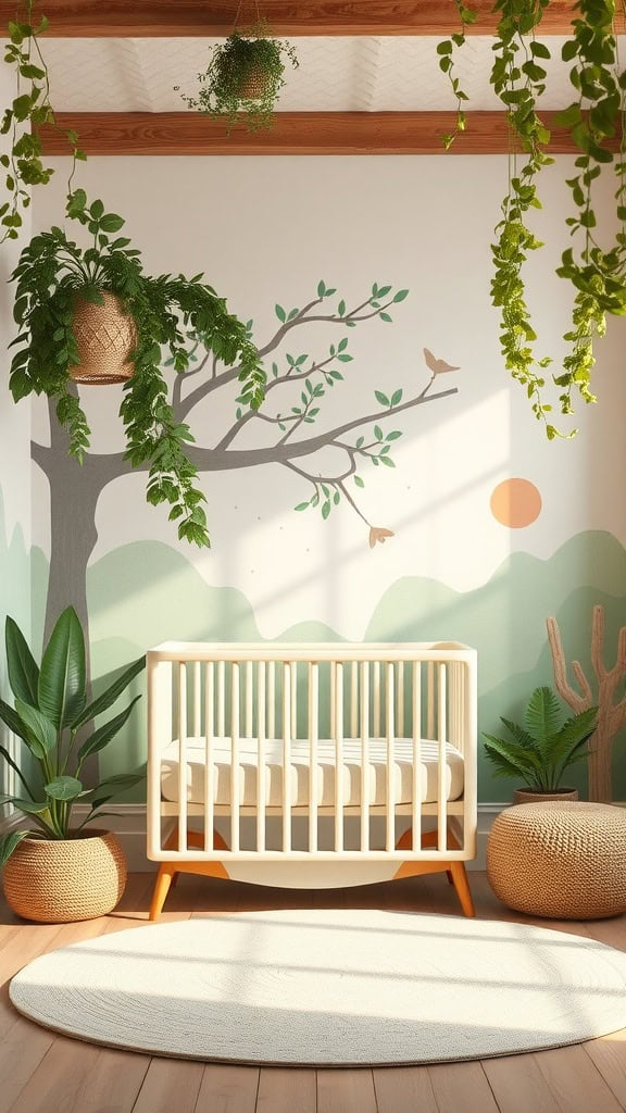 A serene nursery featuring nature-inspired colors with a crib, plants, and a mural of trees.