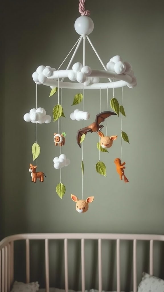 A nature-themed mobile with animals and clouds hanging above a crib