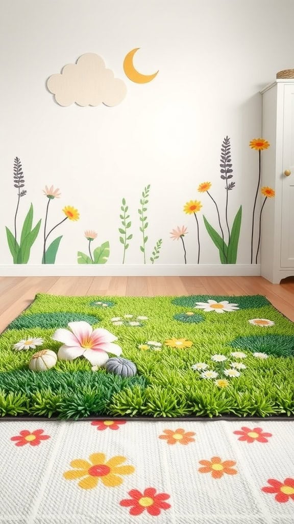 A nursery with an outdoor-inspired floor rug featuring grass and flowers, complemented by cheerful wall art.