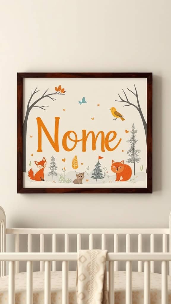 A framed personalized name art for a nursery, featuring woodland animals like a fox, a cat, and trees.