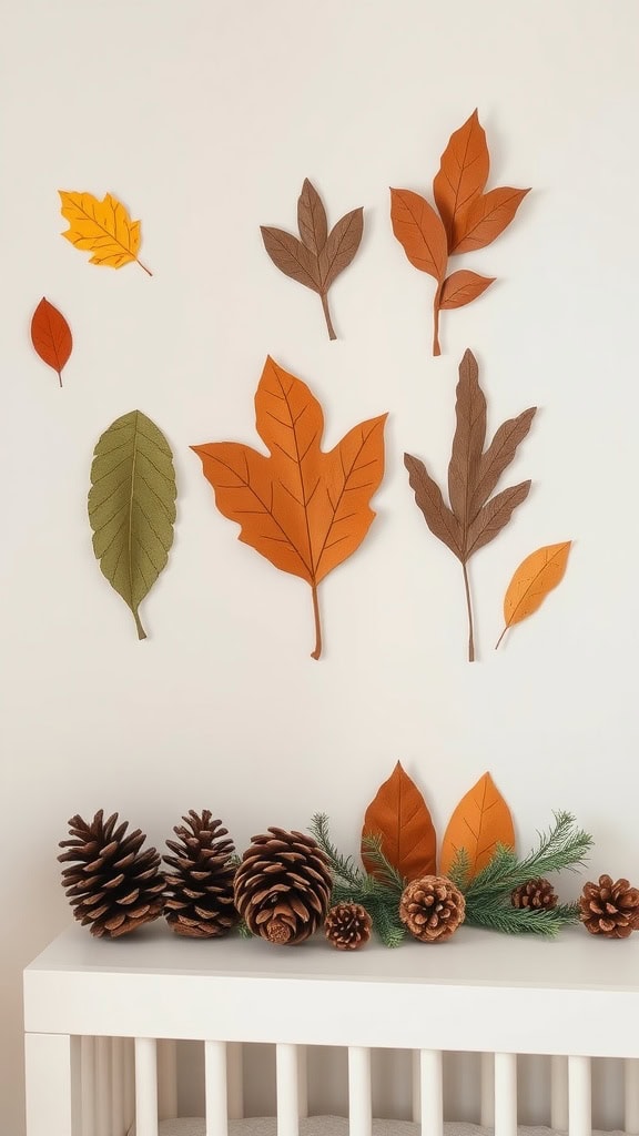 Pinecones and colorful leaves arranged in a nursery setting.