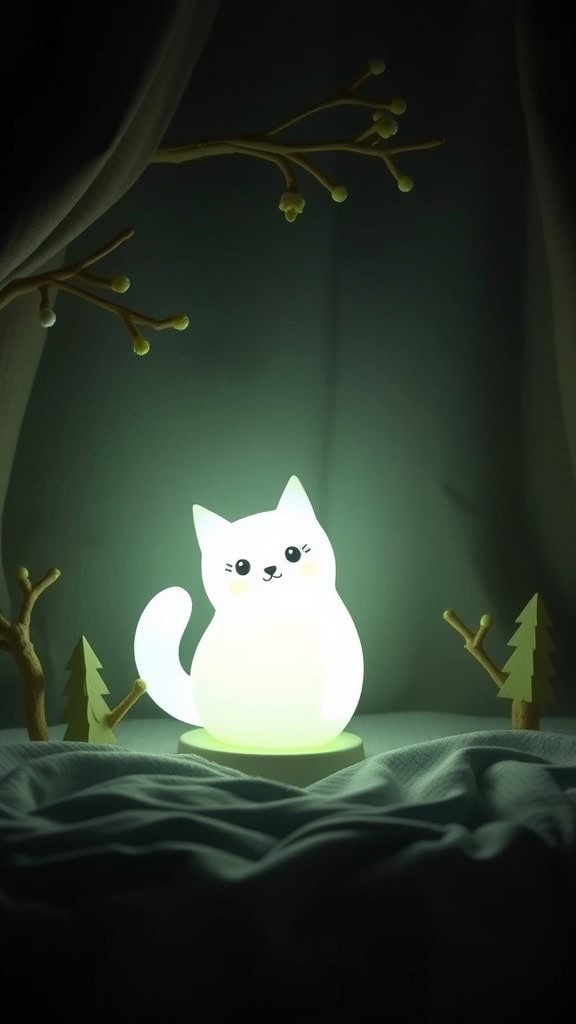 A soft-glow nightlight shaped like a white cat, surrounded by small trees and soft fabric.