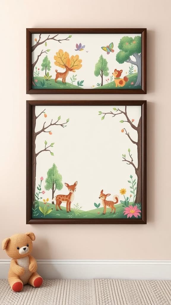 Framed storybook illustrations of animals in a forest setting, with a teddy bear sitting nearby.