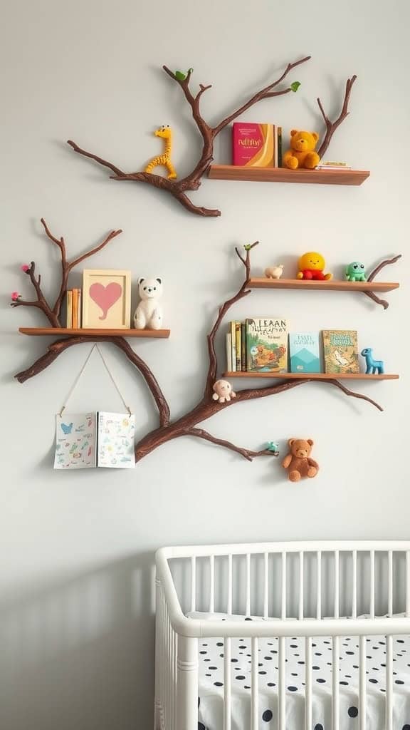 Nursery with tree branch shelves displaying books and toys