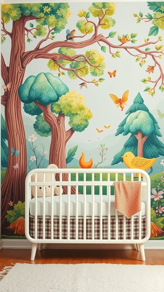 A whimsical woodland mural featuring trees, birds, and butterflies in a nursery setting.