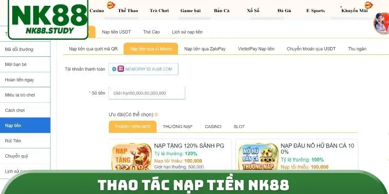 Thao tác nạp tiền NK88